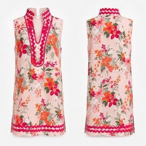 Sail To Sable Linen Dress Sz L Tropical Beach Resort Floral Soutache Trim